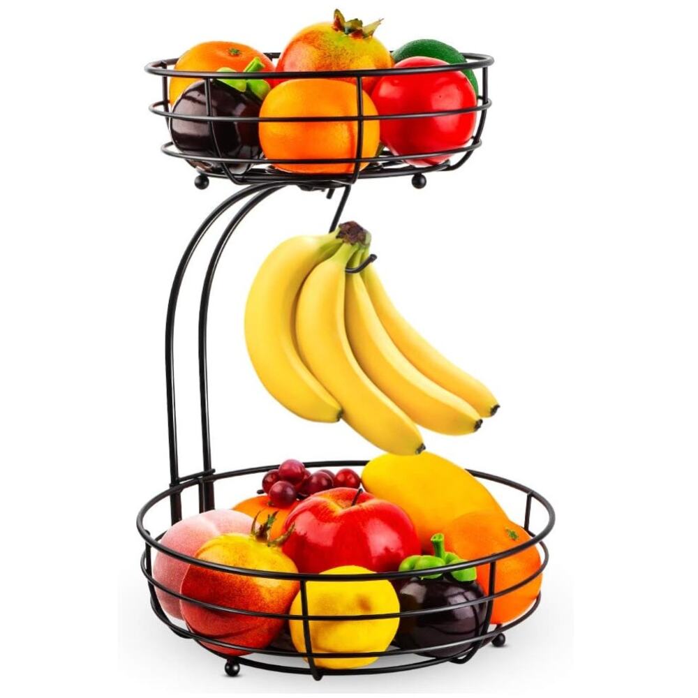 Countertop Fruit Vegetables Basket Bowl Storage With Banana Hanger, Black